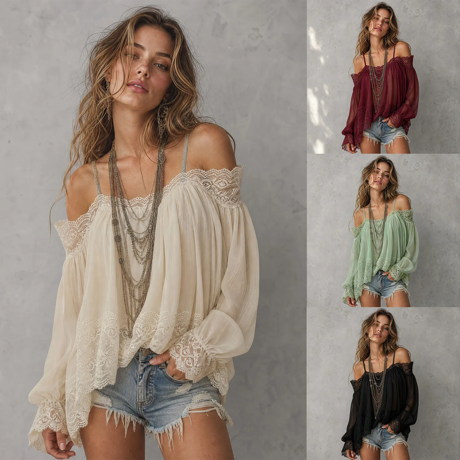 Blouse Off Shoulder - Camicia Boho da Donna con Spalle