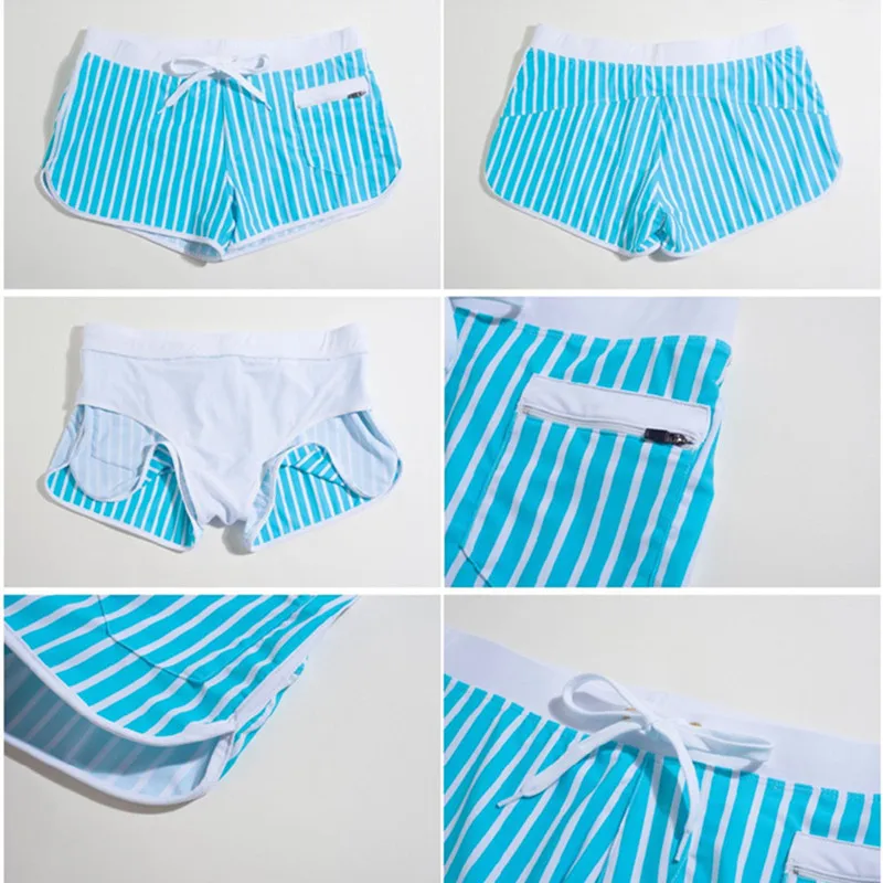 Summer Men Swim Briefs Stripe Swimsuits Shorts Bermuda Beach Shorts Gay Swimwear Bikini Low Waist Bath Boxers Swimming Trunks