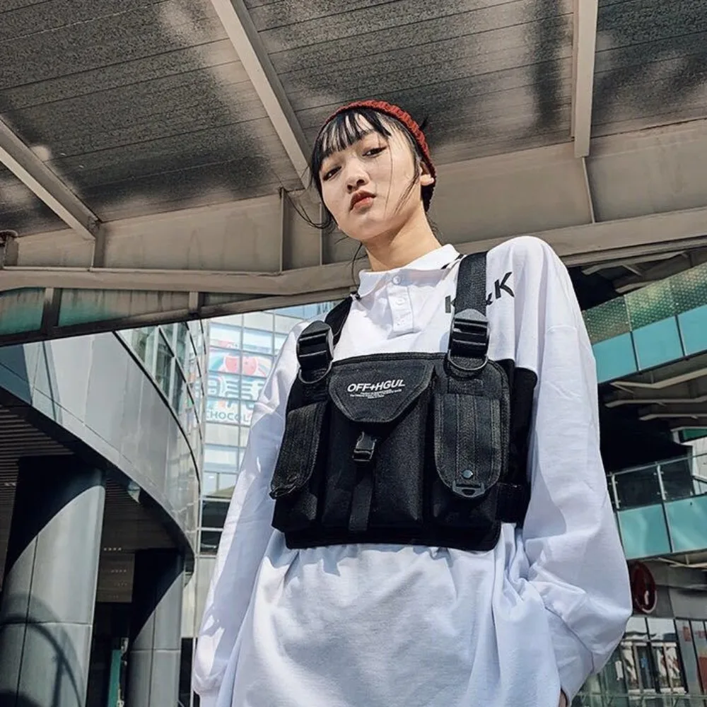 Oxford Cloth Double Shoulder Chest Bag Fashion Cool Message Crossbody Pouch Streetwear Reflective Strip Man's Vest Bag Work