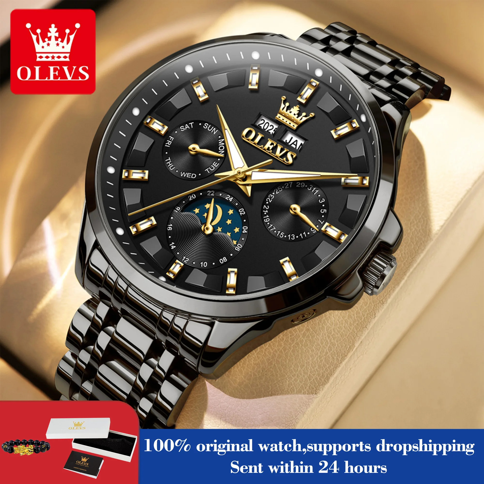 OLEVS 7070 Watch Man Original Mechanical Watch For Men Moon Phase Calendar Waterproof Fashion Automatic Hand Clock Steel Strap