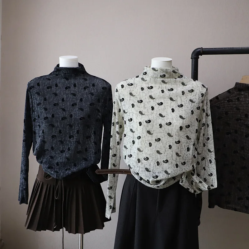 Ele f ذوي الياقات العالية رقيقة لي طويلة Sve تي شيرت المرأة أوائل الخريف جديد Sle Caew زهرة قاعدة عائمة irt