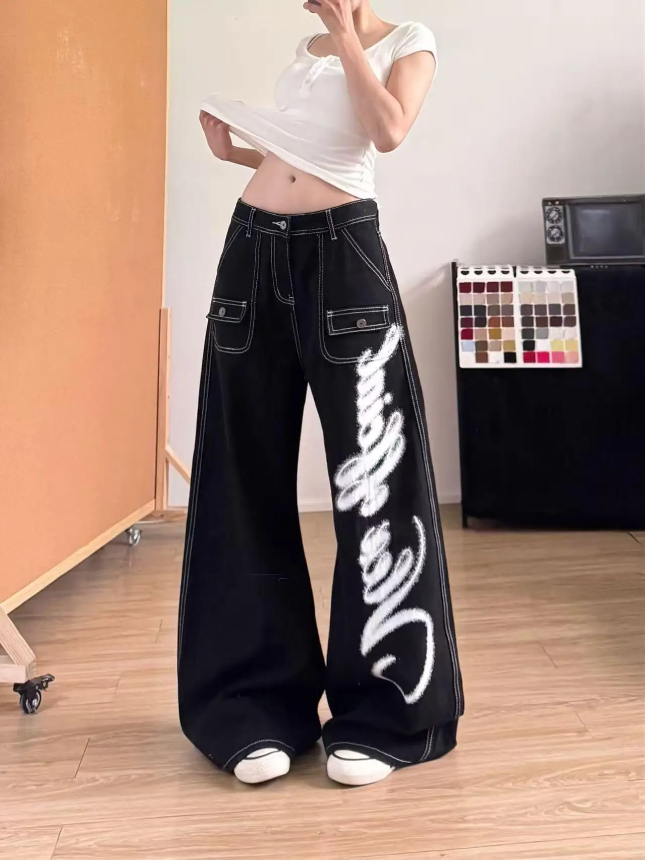 American Letter Wings Graffiti Print Jeans Loose Wide Leg Men's Women's Autumn Fashionable Long Pants Straight Cut