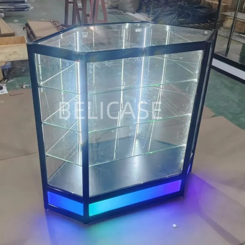 

2025customized.Retail Counter Corner Display Showcase Corner Reception Counter With Colorful Lights USA Smoke Shop