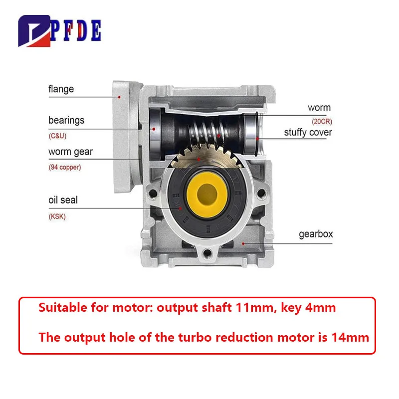 Worm Gear Reducer NMRV030 For 40W/60W/90W/120W 5RK AC Optical Axis Motor 90X90 input shaft 11mm key 4mm, Output hole 14mm