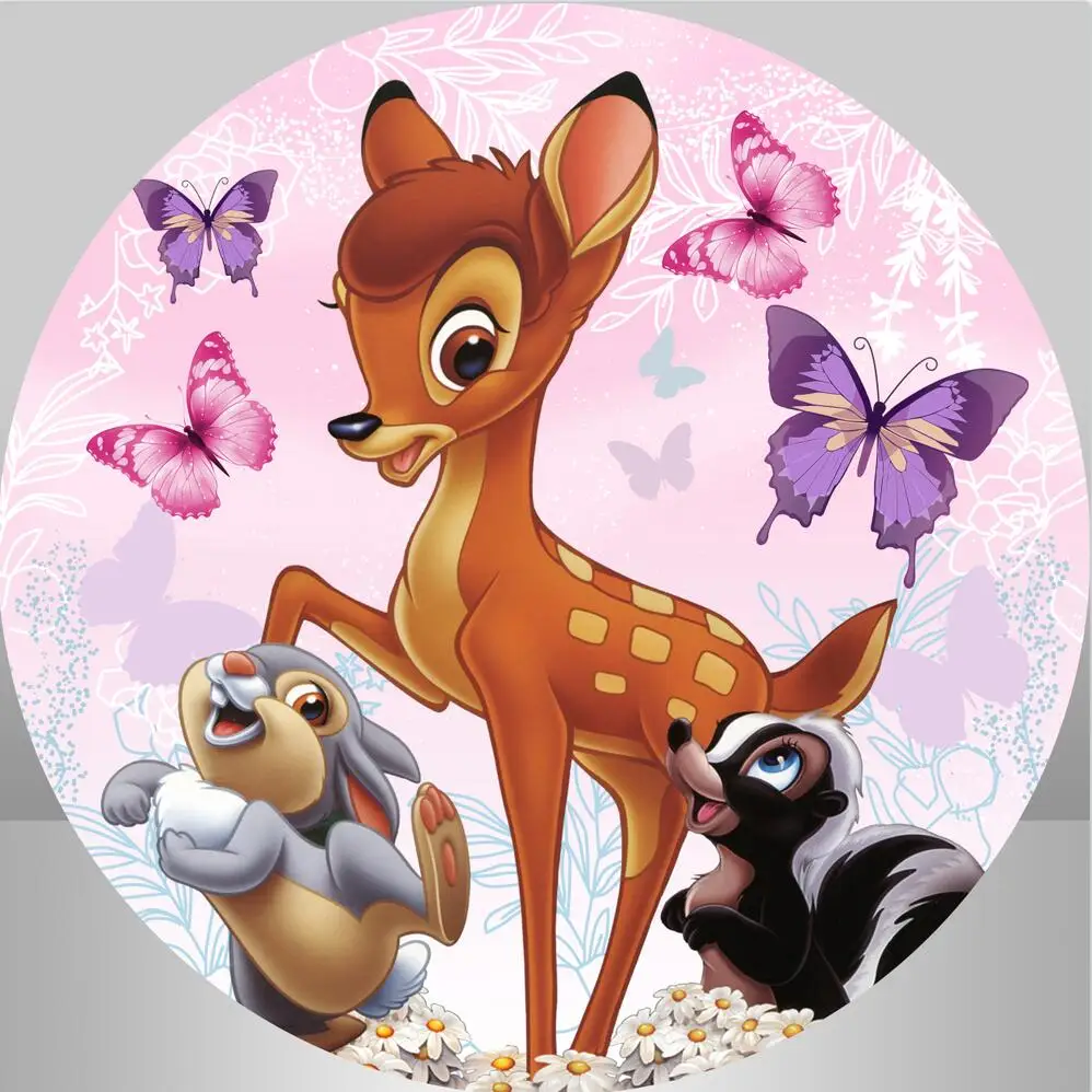 Disney Bambi Deer Pink Butterfly Round Circle Backdrops Baby Shower Girls Birthday Party Backgrounds Cylinder Covers