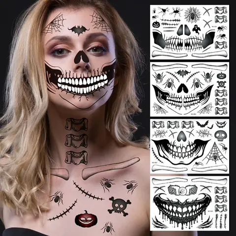 4 Stuks Sets Halloween Horror Skelet Gezicht Stickers Tattoo Tijdelijke Waterdichte Duivel Masker Party Make-Up Art Nep Tatoeages Festival