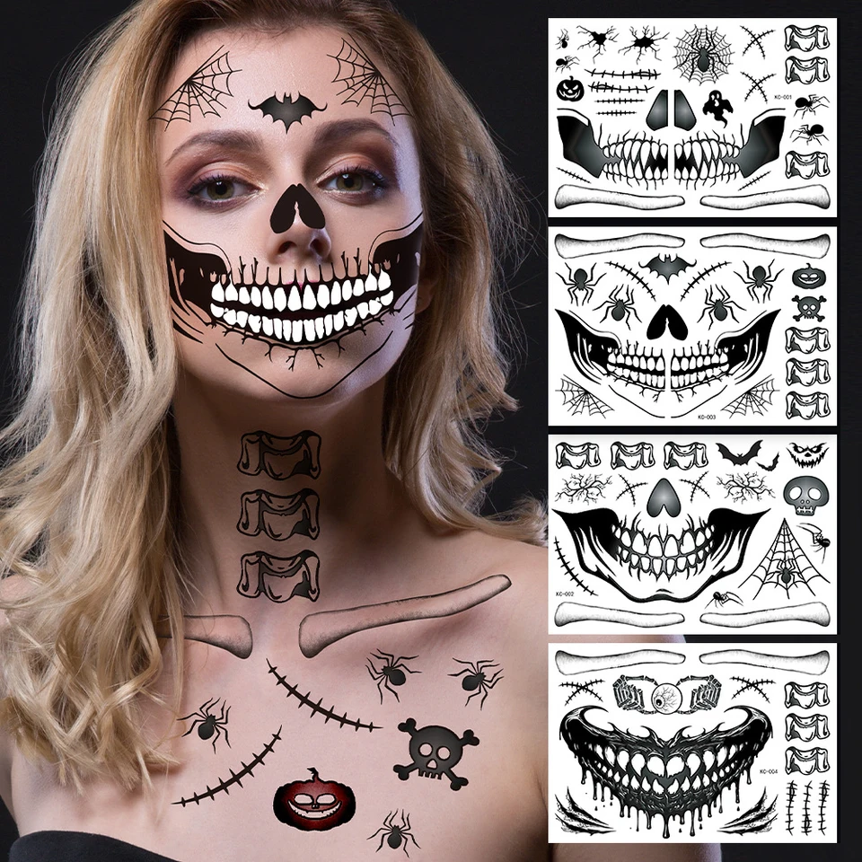 12 Tatuajes Temporales De Halloween Para La Cara – Calaveras, Flores Y Telarañas, Ideales Para Disfraces, Cosplay Y Día De Muertos