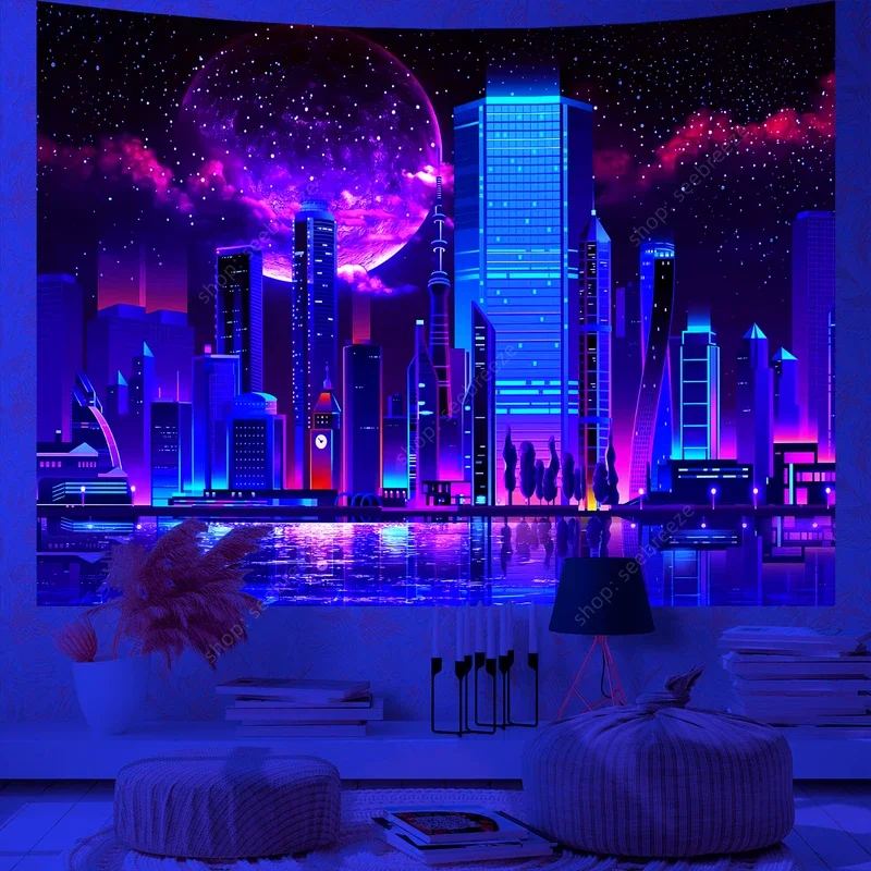 Psychedelic planet city skyscrapers UV reactive tapestry wall hanging Neon background gothic room decor aesthetic curtain fabric