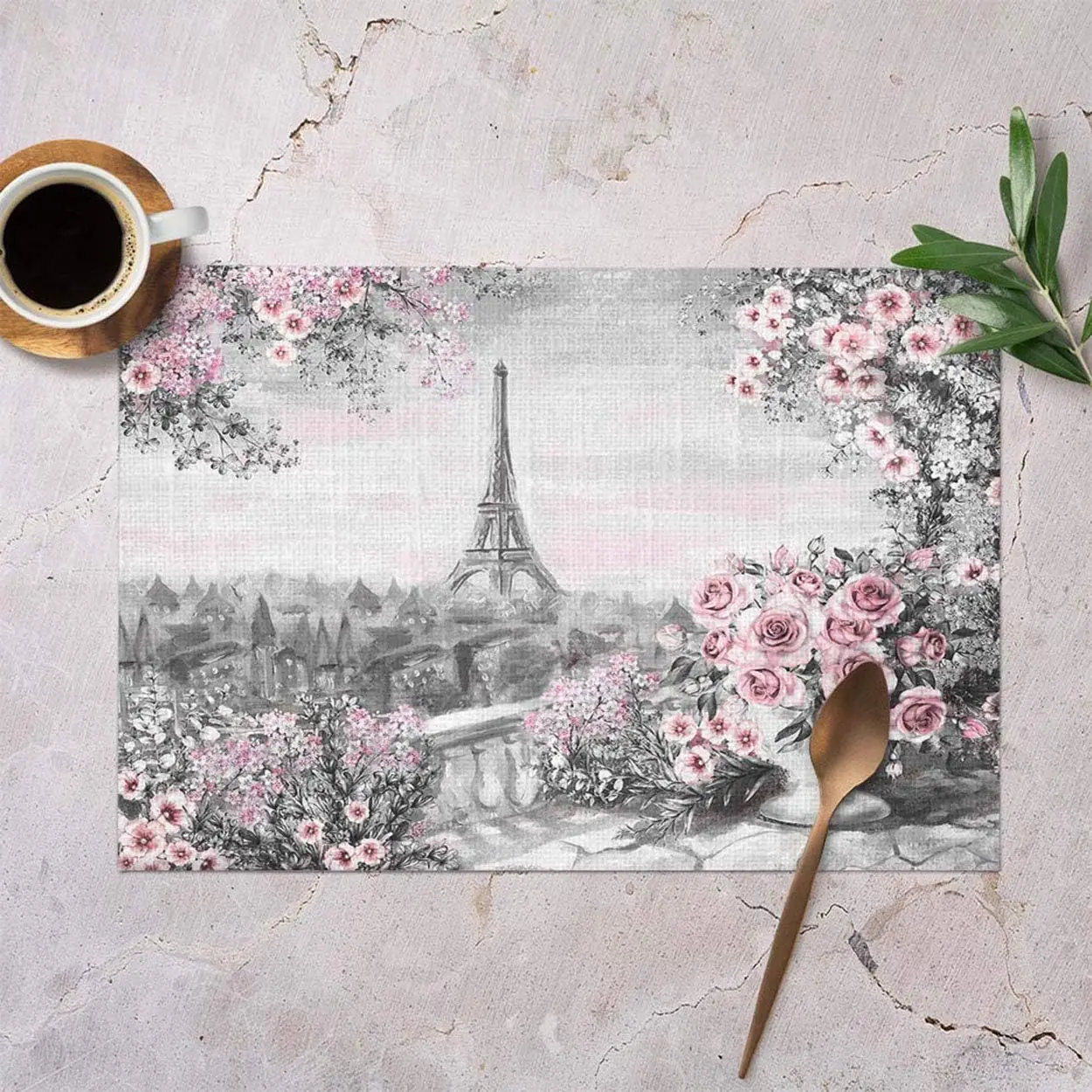 Eiffel Tower Placemats Painting City Flower Place Mats for Kitchen Table Mats Set of 4 12x18 Inch Washable Kitchen Decor Stocked