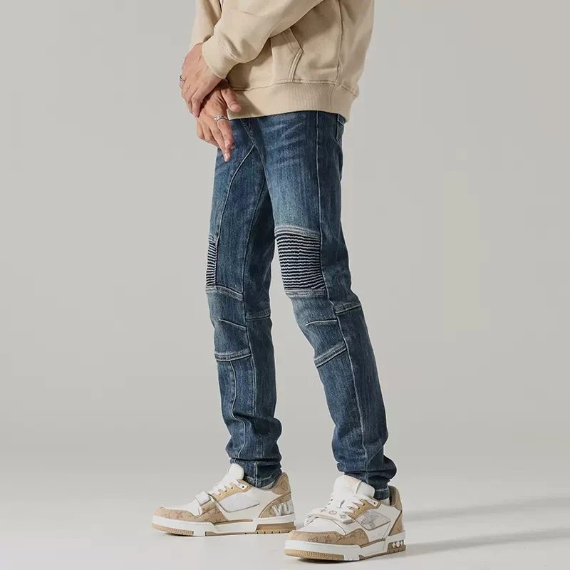 Streetwear Fashion Men Jeans Retro Blue Elastic Slim Fit Spliced Biker Jeans Men Patched Zipper Designer Hip Hop Pants Hombre