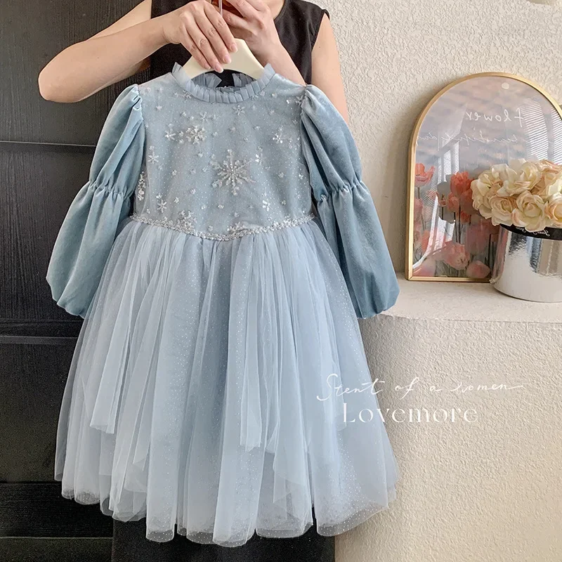 

Baby Girls Dress Birthday Clothes Mesh Puffy Dress Sweet 2024 Autumn New Childrens Snow Princess Dress