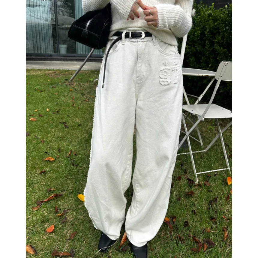 

Широкие джинсы с высокой талией, женские повседневные брюки, корейские шикарные осенне-зимние свободные джинсовые длинные брюки с дизайном Fce