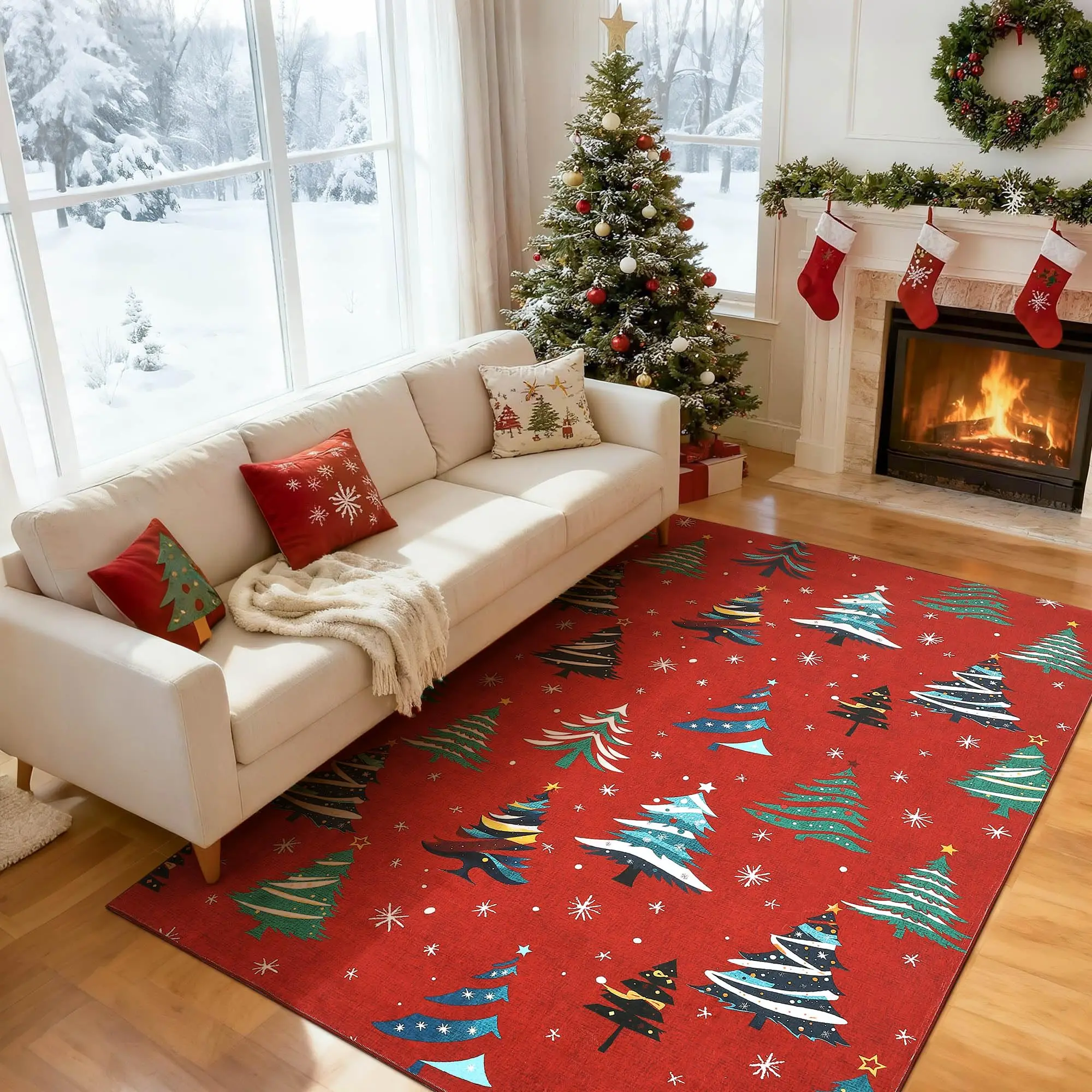 GarveeLife Festive Christmas Area Rug - Washable Non-Slip Low Pile Carpet with Xmas Tree Design, Holiday Decor for Living Room, Bedroom, Dining Room - Red 5x7FT