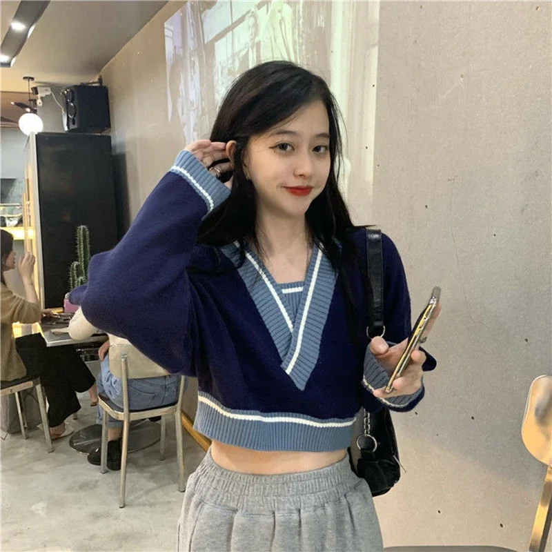 MEXZT Retro V Neck Sweaters Women Patchwork Cropped Pullovers Streetwear Korean Fashion Loose Casual Long Sleeve Jumpers Tops