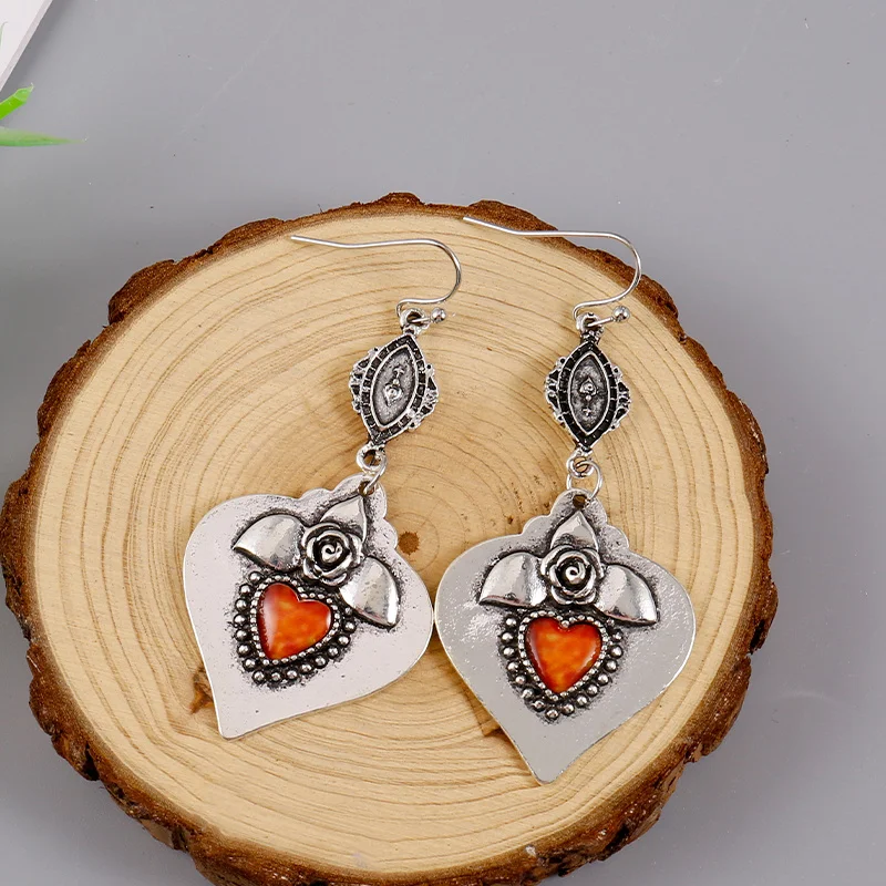 Bohemia New Antique Red Stone Earrings Ethnic Jewelry Silver Color Handmade Flower\'s Dangle Hook Earrings for Women