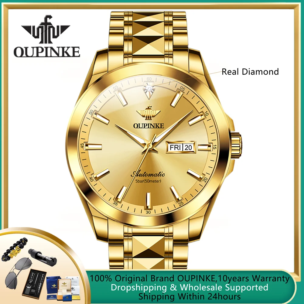 OUPINKE Real Diamond Automatic Watch for Men Japan Movement Mechanical Wristwatches Luxury Tungsten Steel Waterproof Men's Watch