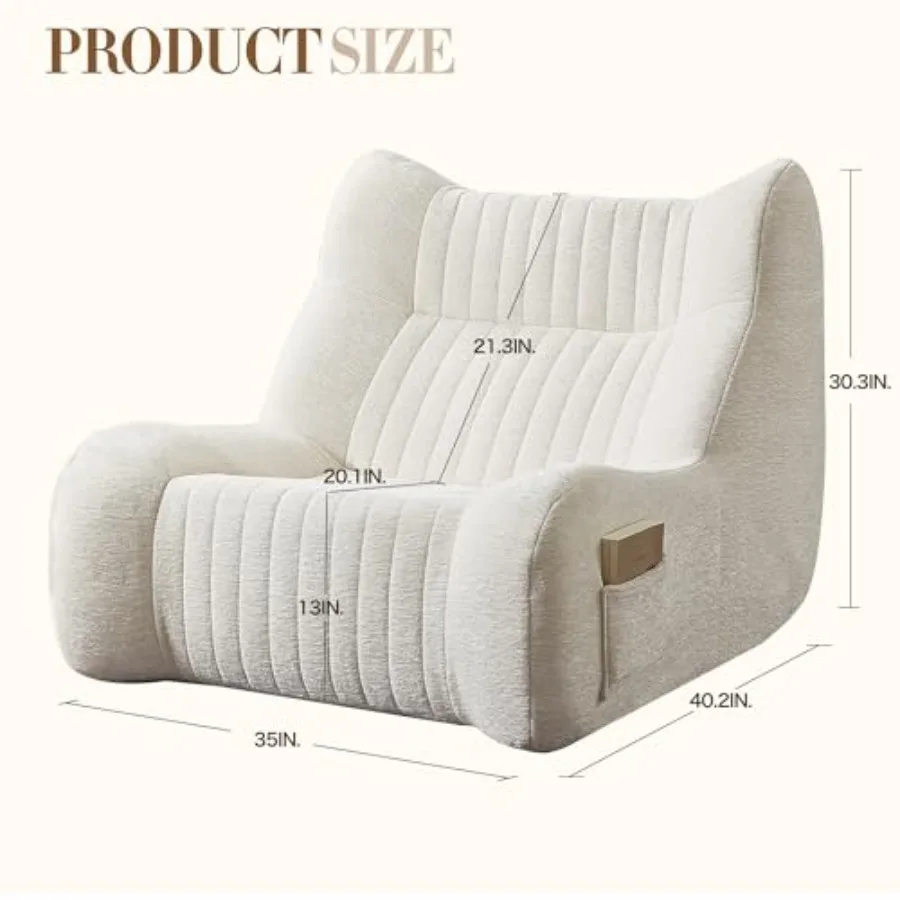 40 Chenille Faux Fur Bean Bag for Living Room Office Bedroom, White, High Resilience Sponge Fill, Armrest Lounge Chair