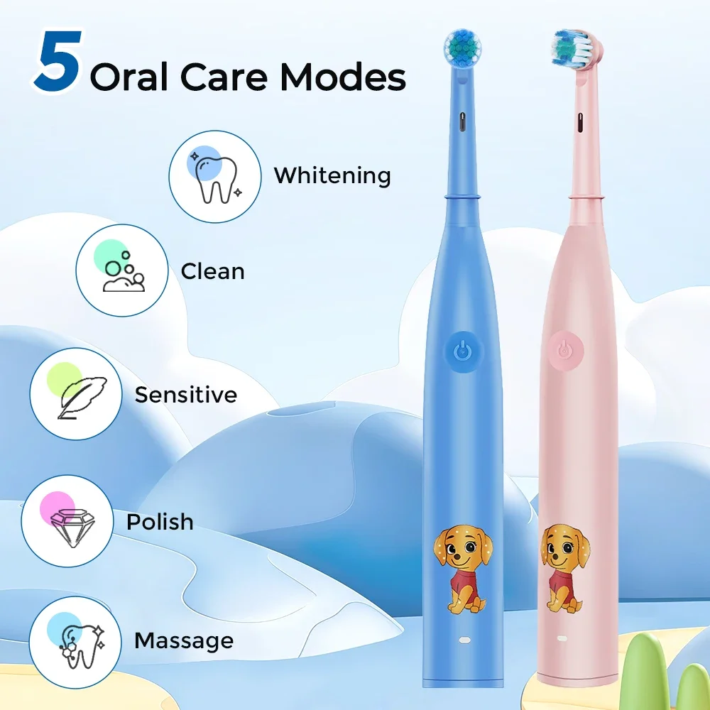 Children Rotating Electric Toothbrush Cartoon Kids With 4 Replacement Head IPX7 Waterproof Rechargeable Sonic Vibrate Toothbrush