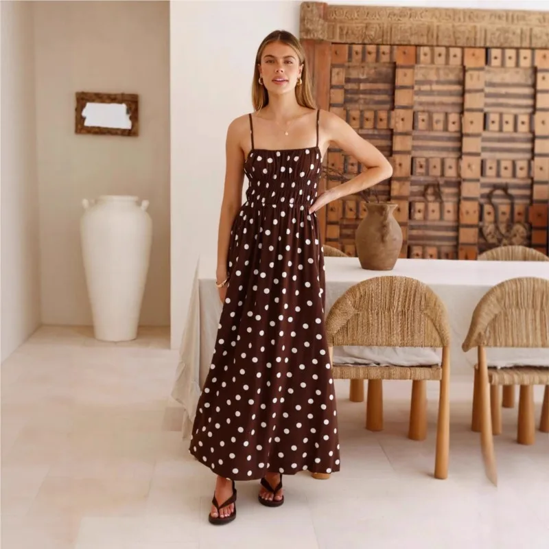 Contrast Dress Vestido Dresses 2025 Woman Spaghetti Strap Polka Dots Sling Holiday Vacation Slim Trendy Temperament Simple Style