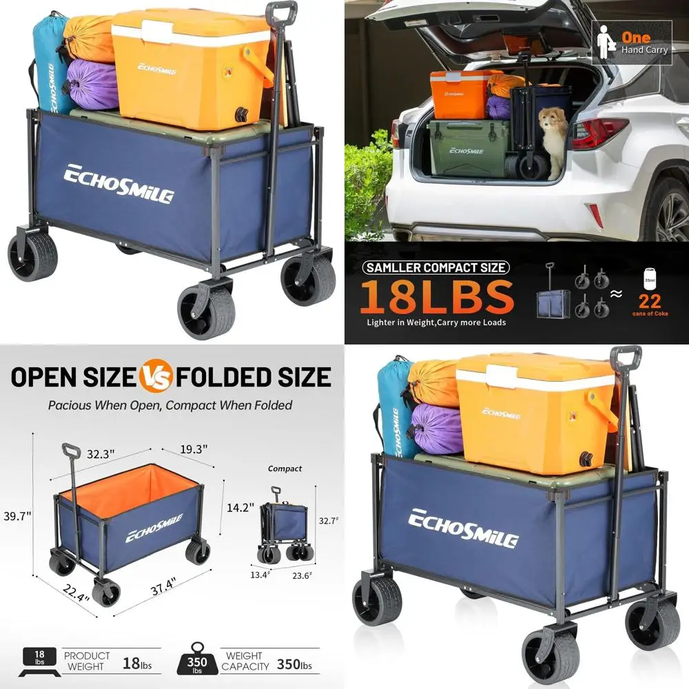 

All-Terrain Folding Wagon Cart, Heavy-Duty with 350lbs Capacity, Portable for Camping, Beach, Sports & Shopping, Blue