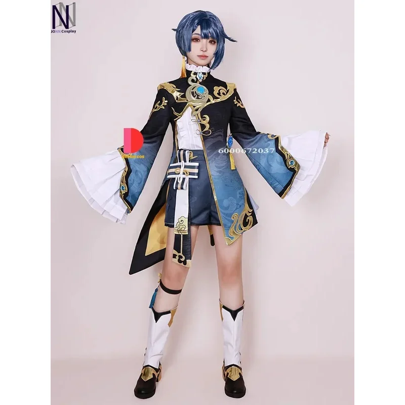 Mn1 genshin impacto alta qualidade xingqiu cosplay traje qingliyue porto feiyun comerciante segundo jovem mestre anime outfit hall8/yg