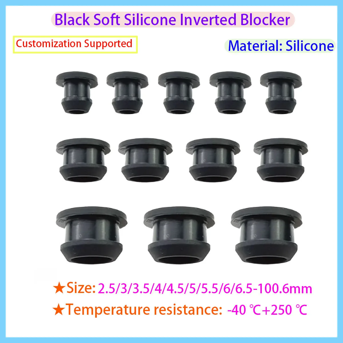 Black Silicone T-shaped Hole Plug Cover Snap on Gasket Sealing Plug 2.5-3/3.5/4:4.5/5.5/5.5/6/6.5-100.6mm