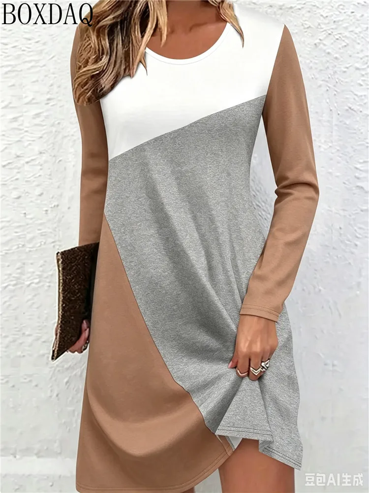 Ladies' Autumn Loose Dress Long Sleeved Round Neck Multi-Color Simple Pattern Printed Casual Women's Dress