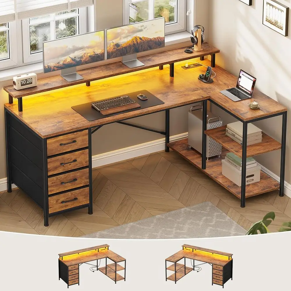 

L-Shaped Desk with 4 Drawers, Storage Shelves, LED Lights, and Power Outlets - Rustic Brown