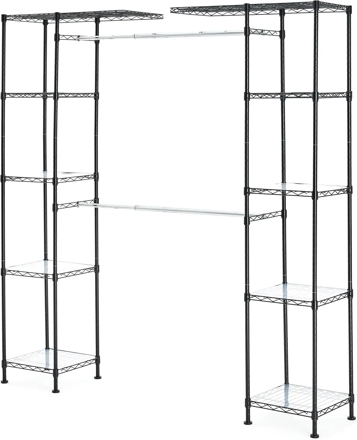 Basics Expandable Metal Hanging Storage Organizer Rack Wardrobe with Shelves, Black, 57''- 80''L x 14''W x 72''H