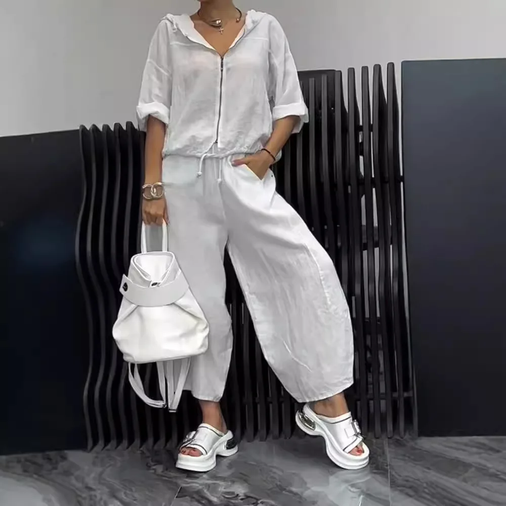 

2026 Cross-Border Independent Station Autumn Zipper Hooded Drawstring Cotton Linen Long Sleeve Loose Casual Set