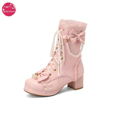 Moda słodki łuk kobiety komfort kwadratowe platformy botki eleganckie Ruffles ciąg koralik dziewczyny księżniczka Cosplay różowe buty Lolita