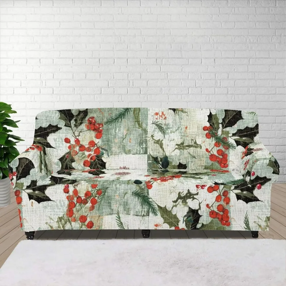 

Christmas Sofa Cover Stretch Couch Covers Xmas Poinsettia Berry Printed Non Skid Cushion Couch Sofa Slipcover Furniture Cover