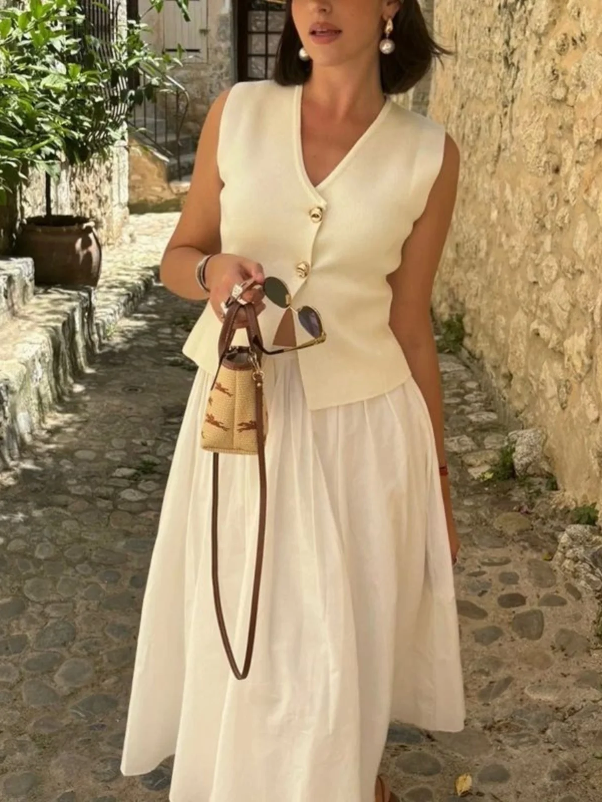 Damen V-Ne Svel-Weste mit zwei Knöpfen, Street Sle Patchwork, Polyesterfaser, normale Passform, Oberbekleidung, einteilig, Frühlings-Se...