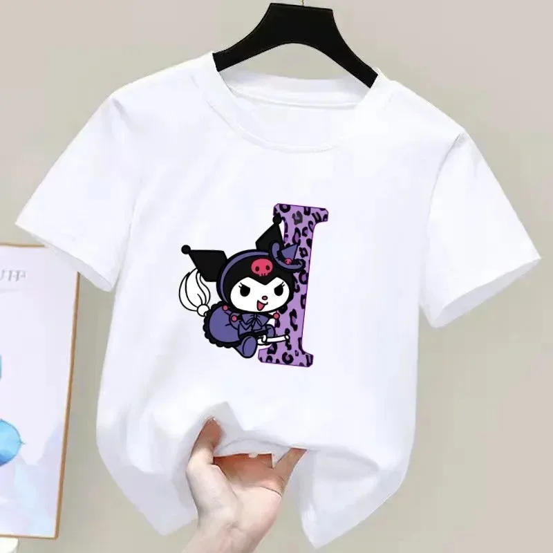 Kuromi Anime Letter A-Z Children's Short-sleeved New Sanrio Summer T-shirt Clothes Girly Heart Soft Clothes Kawaii Birthday Gift