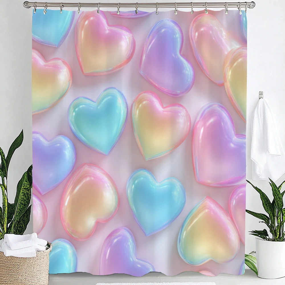Colorful Love Shower Curtain, Modern Romantic Pink heart-shaped Pattern Bathroom Decor Curtain,Polyester Shower Curtain