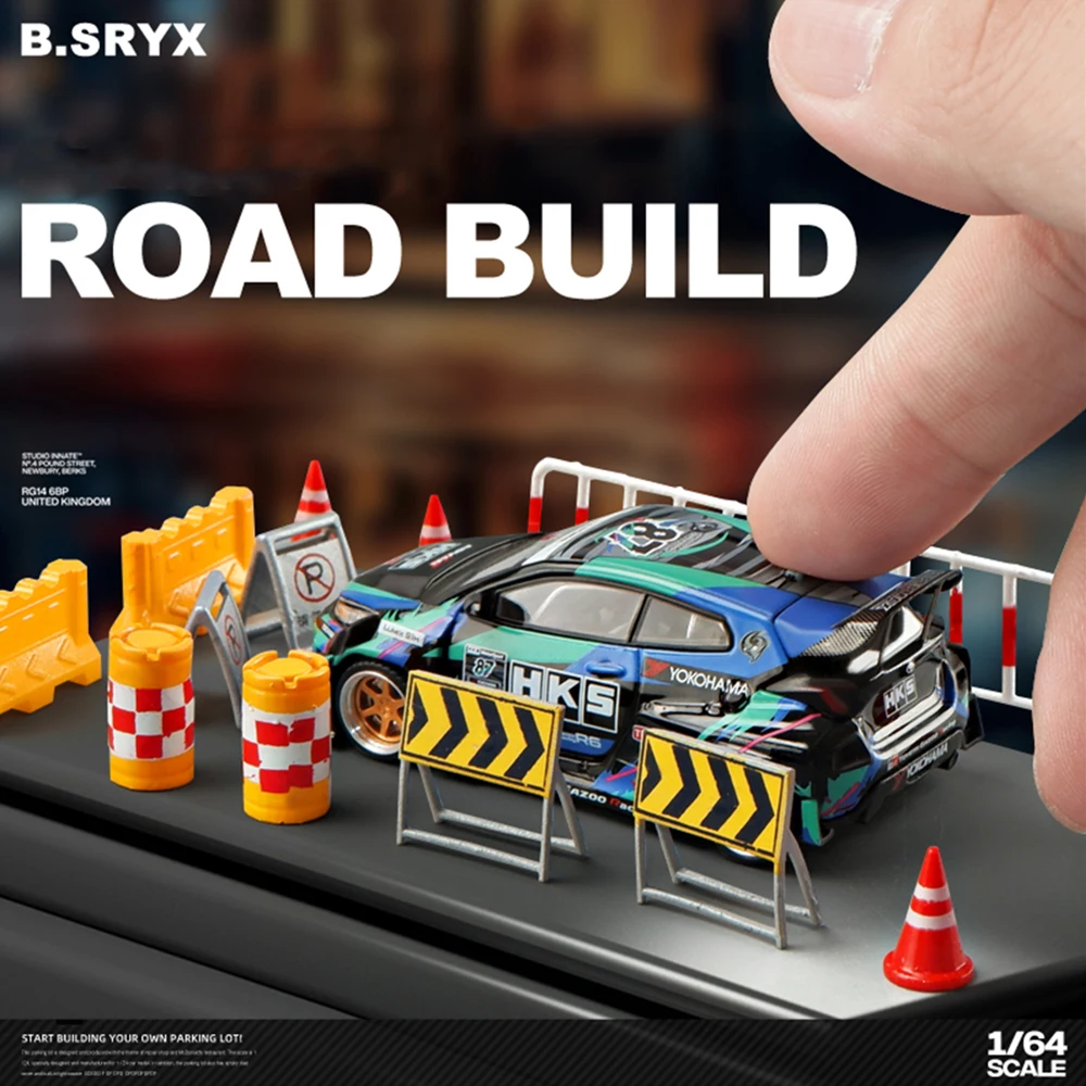 Car Accessories Toy - 1/64スケールの道路遮断モデルキット。交通コーン付きのバリケードセット。アメリカンスタイルのミニチュアジオラマ用アクセサリーで、車の展示に最適。