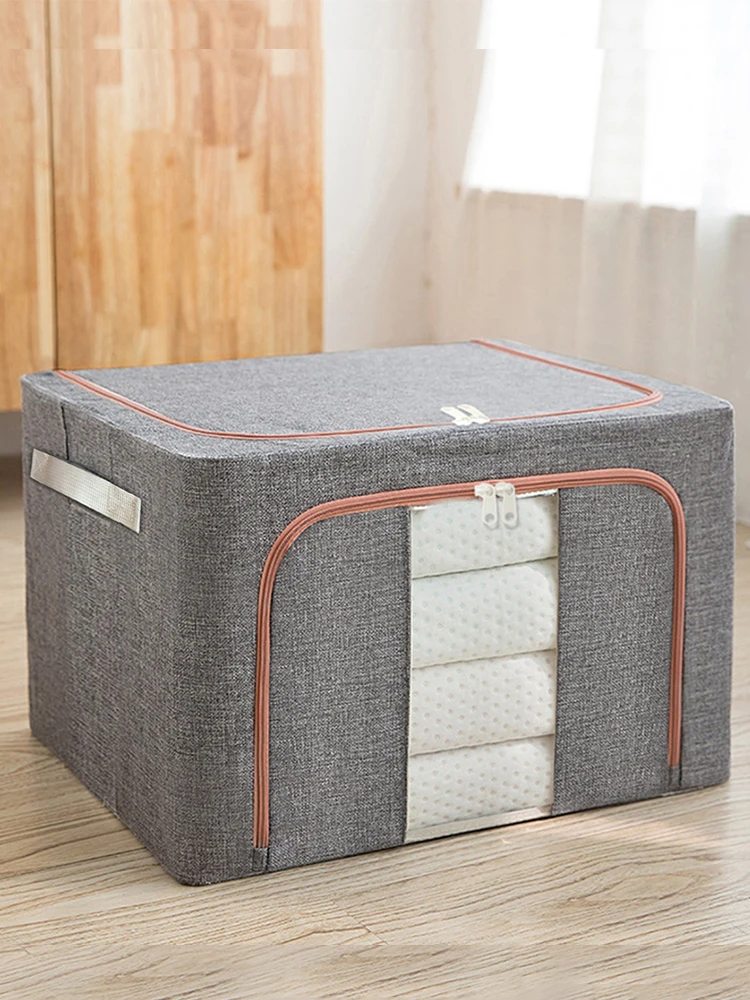 Stackable Storage Bag with Metal Frame Foldable Clothes Storage Box 24L Capacity Dustproof Storage Box Linen for Duvets Clothes