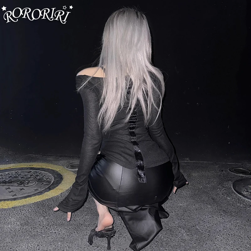 

RORORIRI Black Sheer Long Sleeves T-shirt Women Off-shoulder Patchwork Vintage Asymmetric Tee Top Gothic Grunge Y2k Streetwear