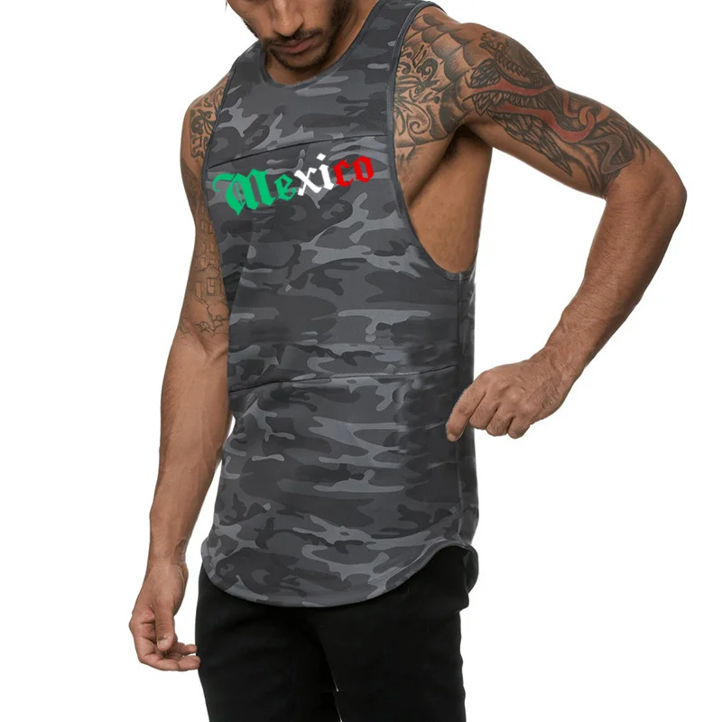 Mexico Letter Camouflage Sleeveless Vests Gym Bodybuilding Sport Tank Tops Summer Mesh Quick Dry Shirts Mens Fitness Casual Tops