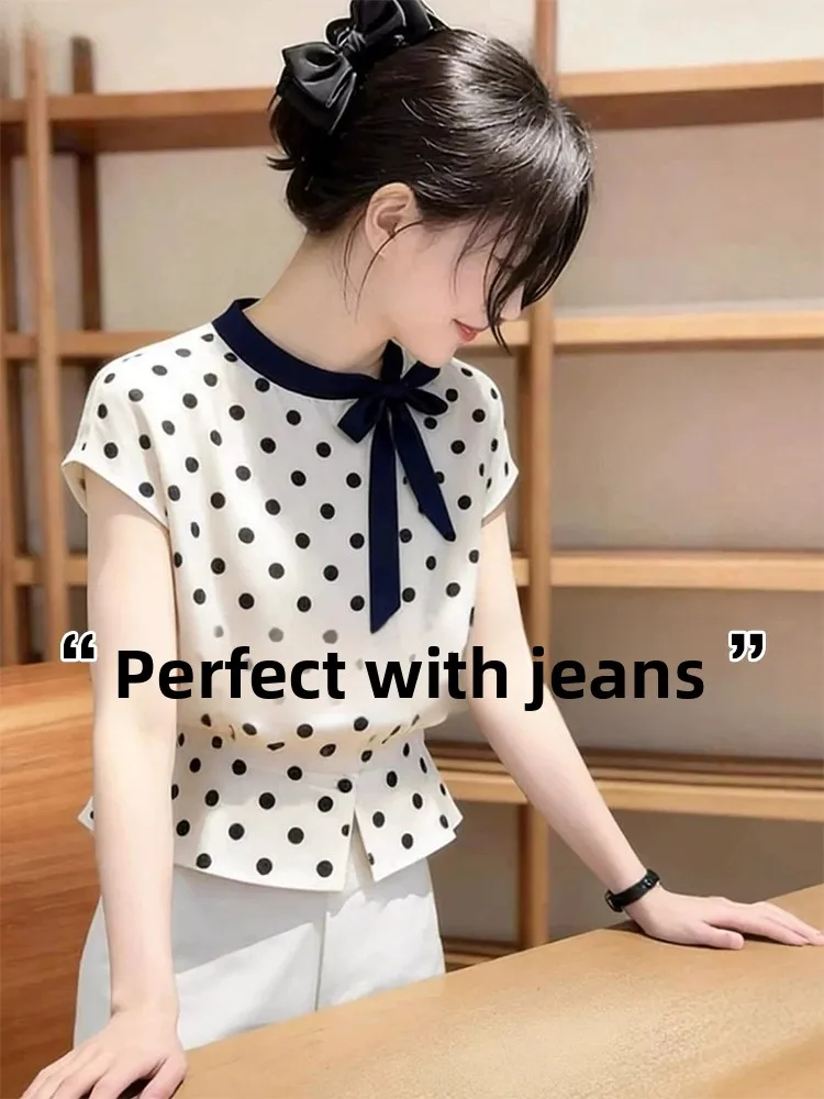 

Korean Style Polka Dot Knot Short Sleeve Women's Shirt Summer Outfit Slimming Top Waist Cinched Fashionable Casual