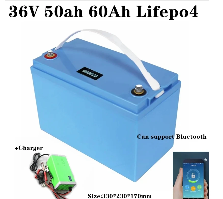 waterproof 36V 60AH Lifepo4 36V 50Ah lithium battery with BMS for 1500W scooter bike Tricycle Solar golf cart +10A charger