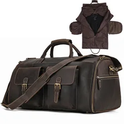 Luufan Genuine Leather Man Business Travel Bag Folding Suit Travel Duffel With Shoe Pocket Cowhide Luggage Duffel Bag For Suits