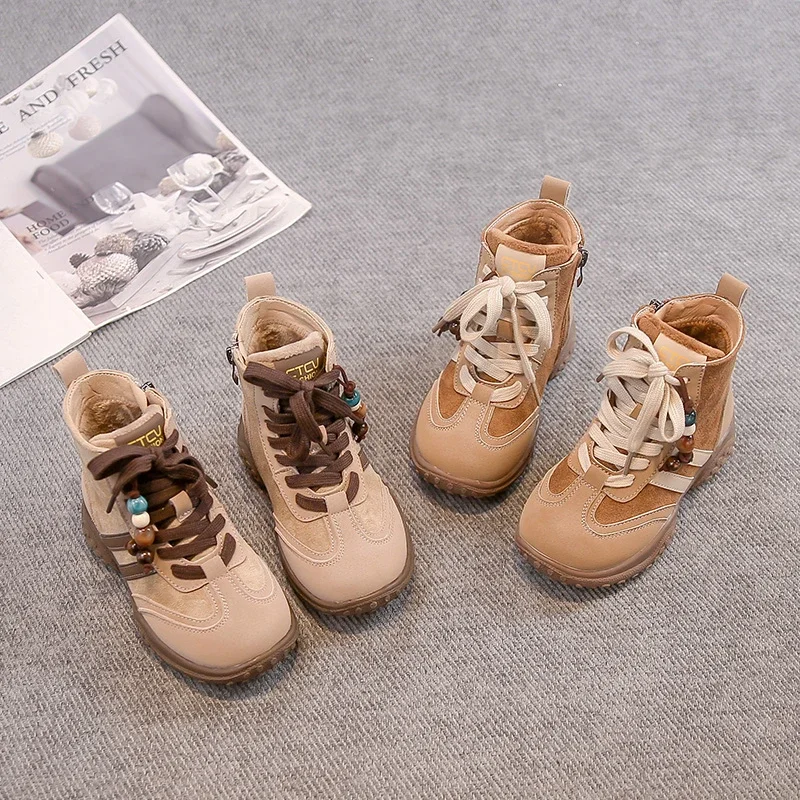 

Детские кожаные ботинки, замшевые теплые детские полусапожки в полоску с боковой молнией, новинка зимы 2024, повседневные ботинки для мальчиков и девочек с круглым носком