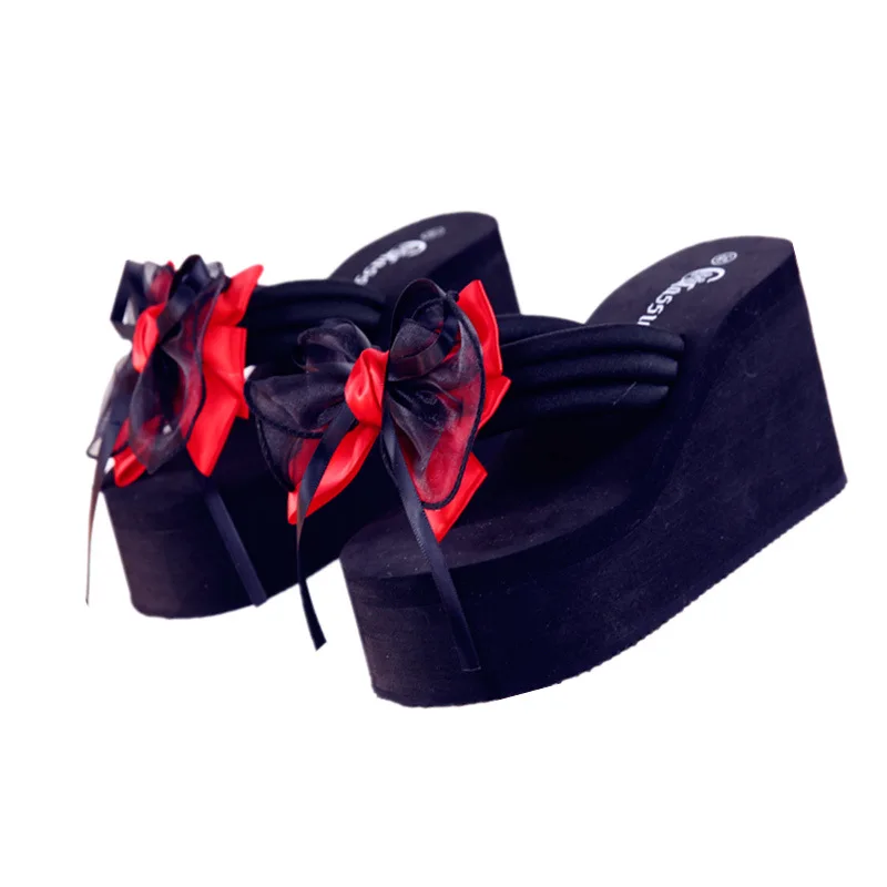 Feerldi 8 cm Höhe schöne Schleife Hausschuhe Home Outdoor Flip-Flop für Frauen dicker Boden EVA Hausschuhe Strand Fliege Flip-Flops