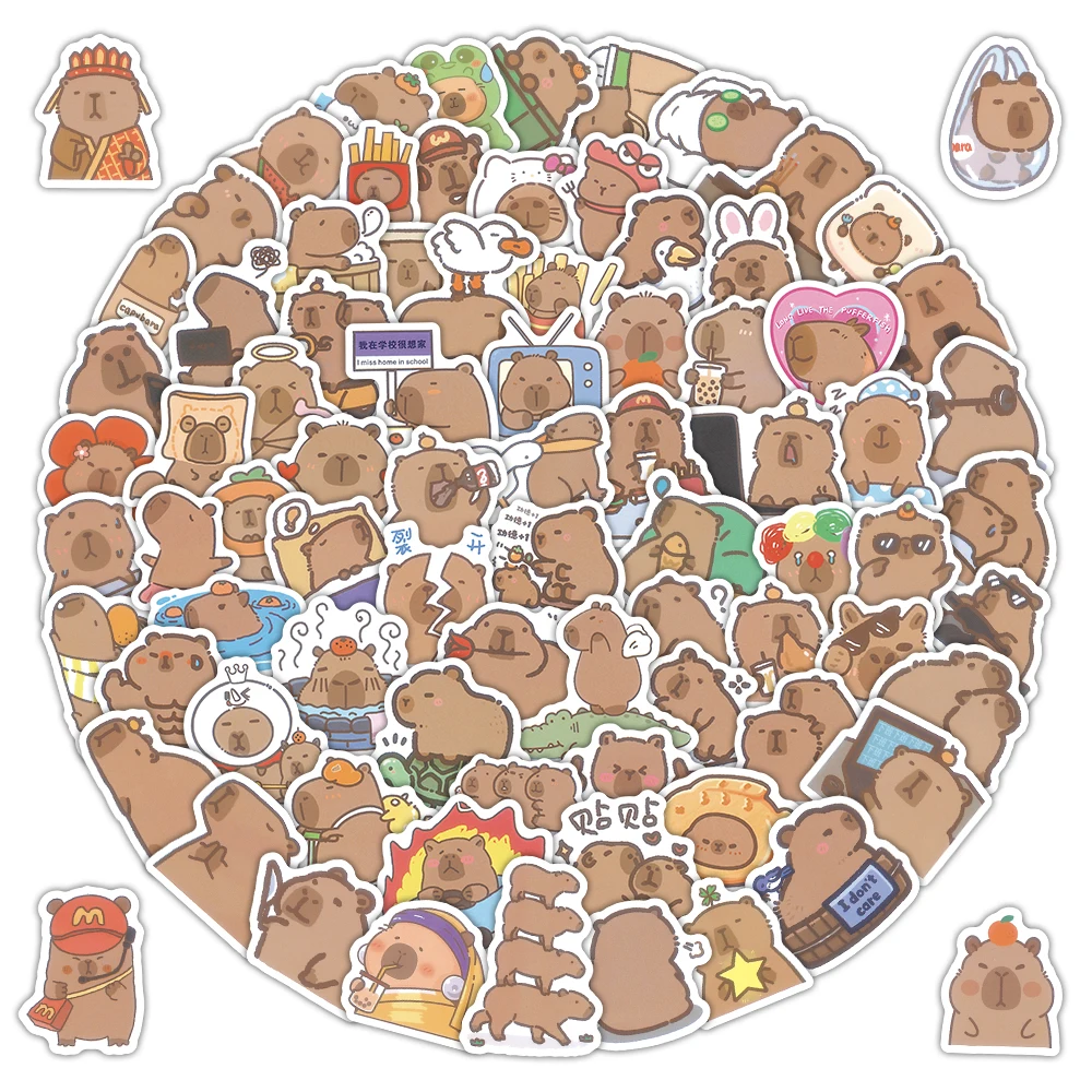 100 Stück Kawaii Cartoon Capybara Aufkleber Dekoration DIY Handy Notizbuch Laptop Kühlschrank Niedliche Kinder Tier-Sticker Spielzeug Geschenk