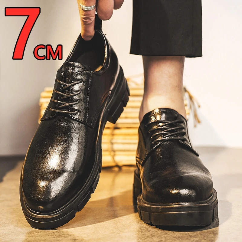

Premium Cowhide Men's Dress Elevator Shoes Invisible 7cm Heel Lift Comfortable Business Casual Height Increasing Leather Shoes