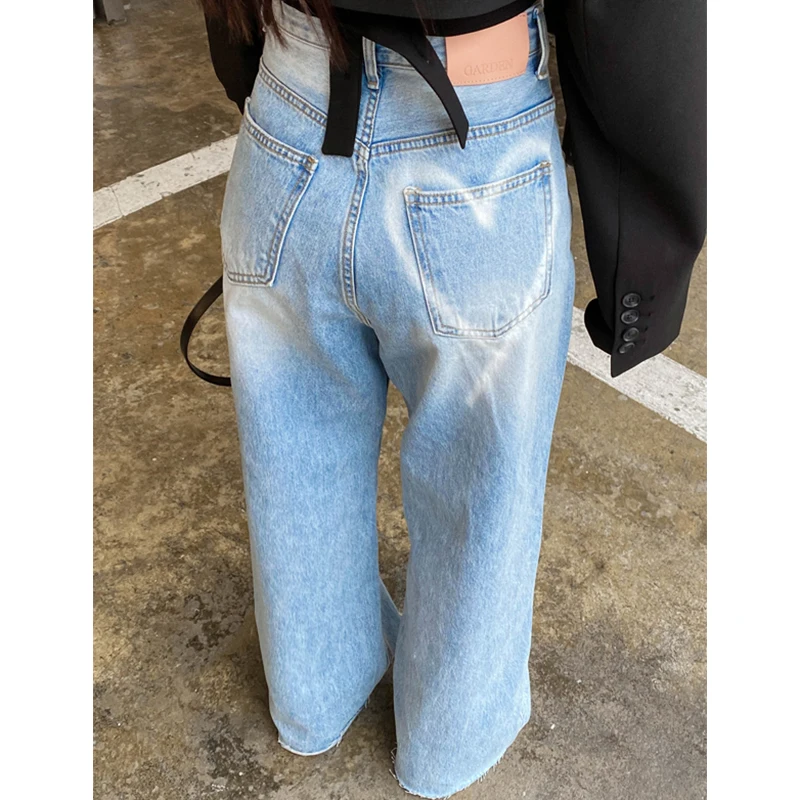 

High Waist Wide Leg Denim Jeans Women's Spring New Sle Chic fiti Heart Print Design Versatile Long Pants Blue Color