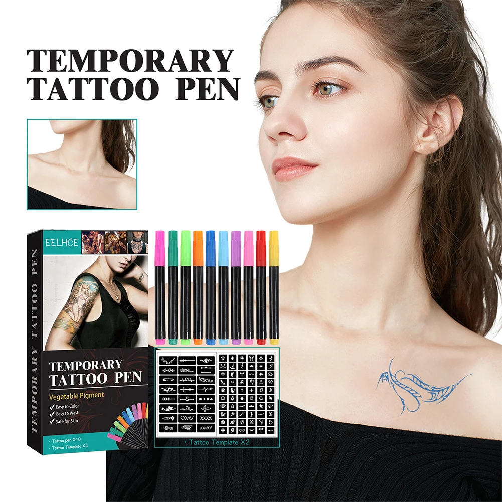 Temporary Tattoo Pen with Tattoo Stencils Body Mark 10-Count Pack of Assorted Colors Easy To Clean for Body Art Painting Drawing