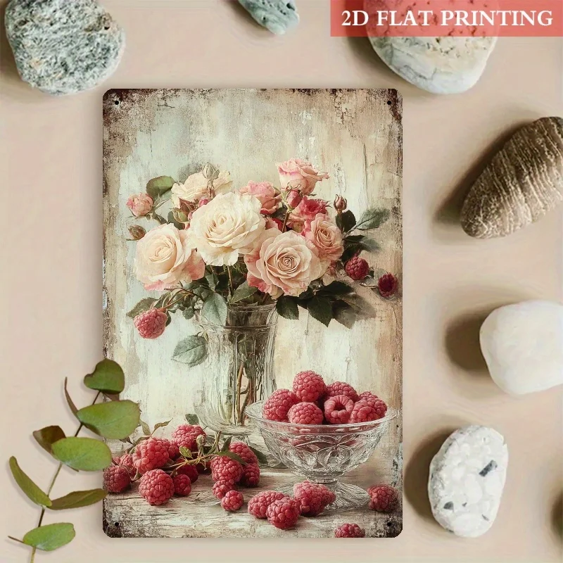 1pc of romantic rose and raspberry metal wall decoration - 20.32x30.48 cm vintage farmhouse decoration, wrought iron listing