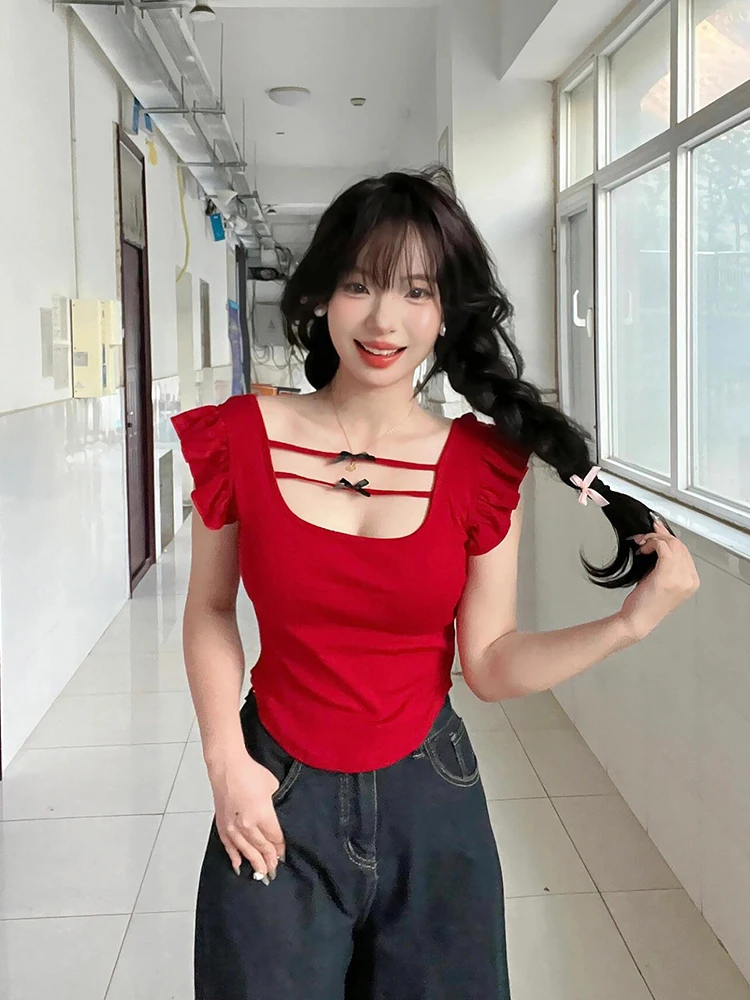 Sexy Short Sleeve T-Shirt Women's Summer Two-Way Wear Slim Fit Backless Hollow out  Knot  Top U-Neck Hollow Back